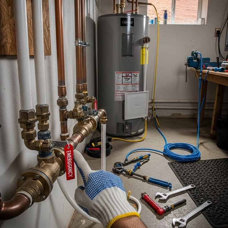 a man pointing to the emergency switch of plumbing pipe connections