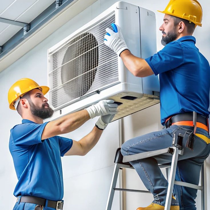 Two men remodeling an AC unit